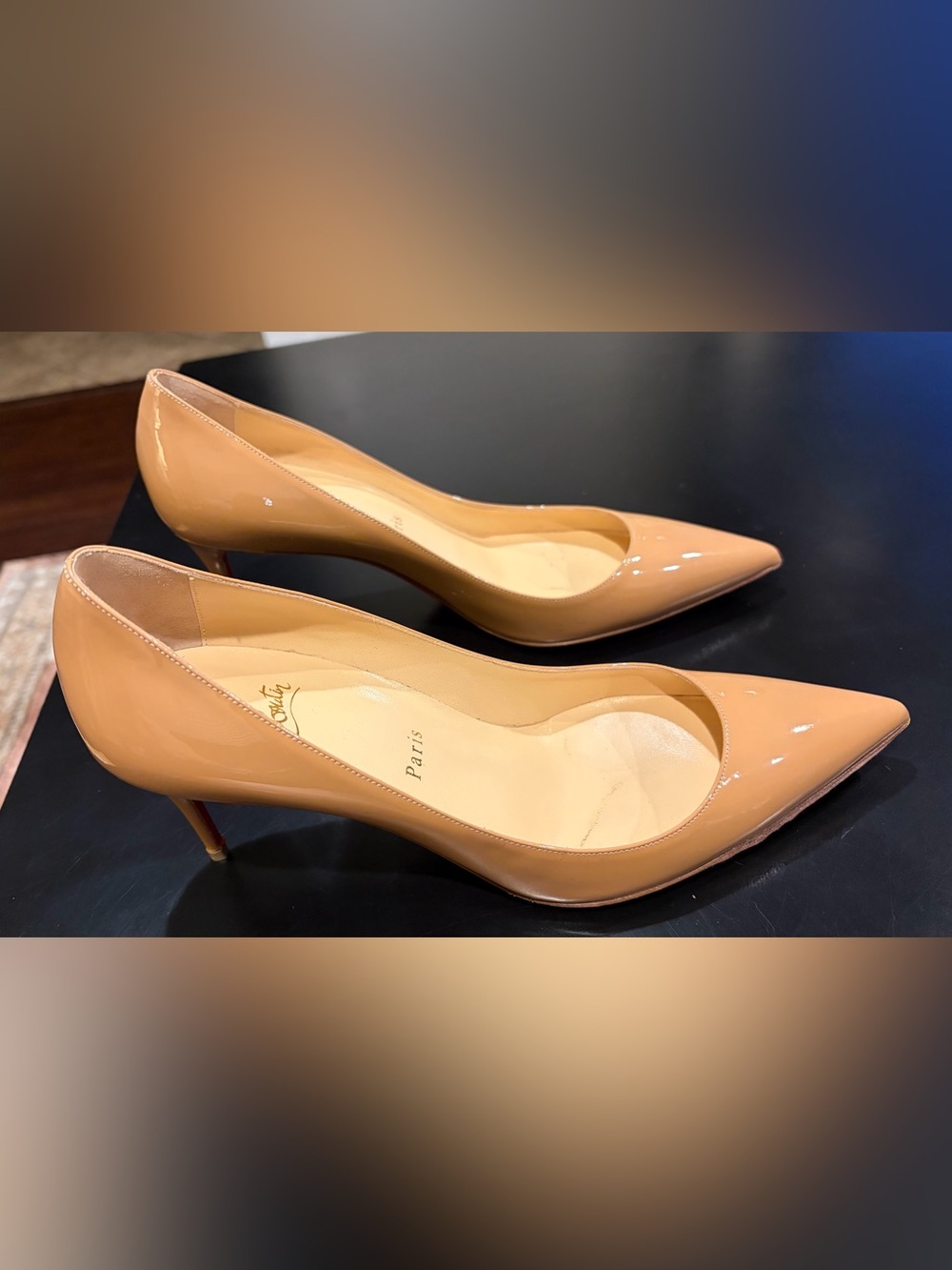 Christian Louboutin Patent Pointed-Toe Kitten Heels in Beige
